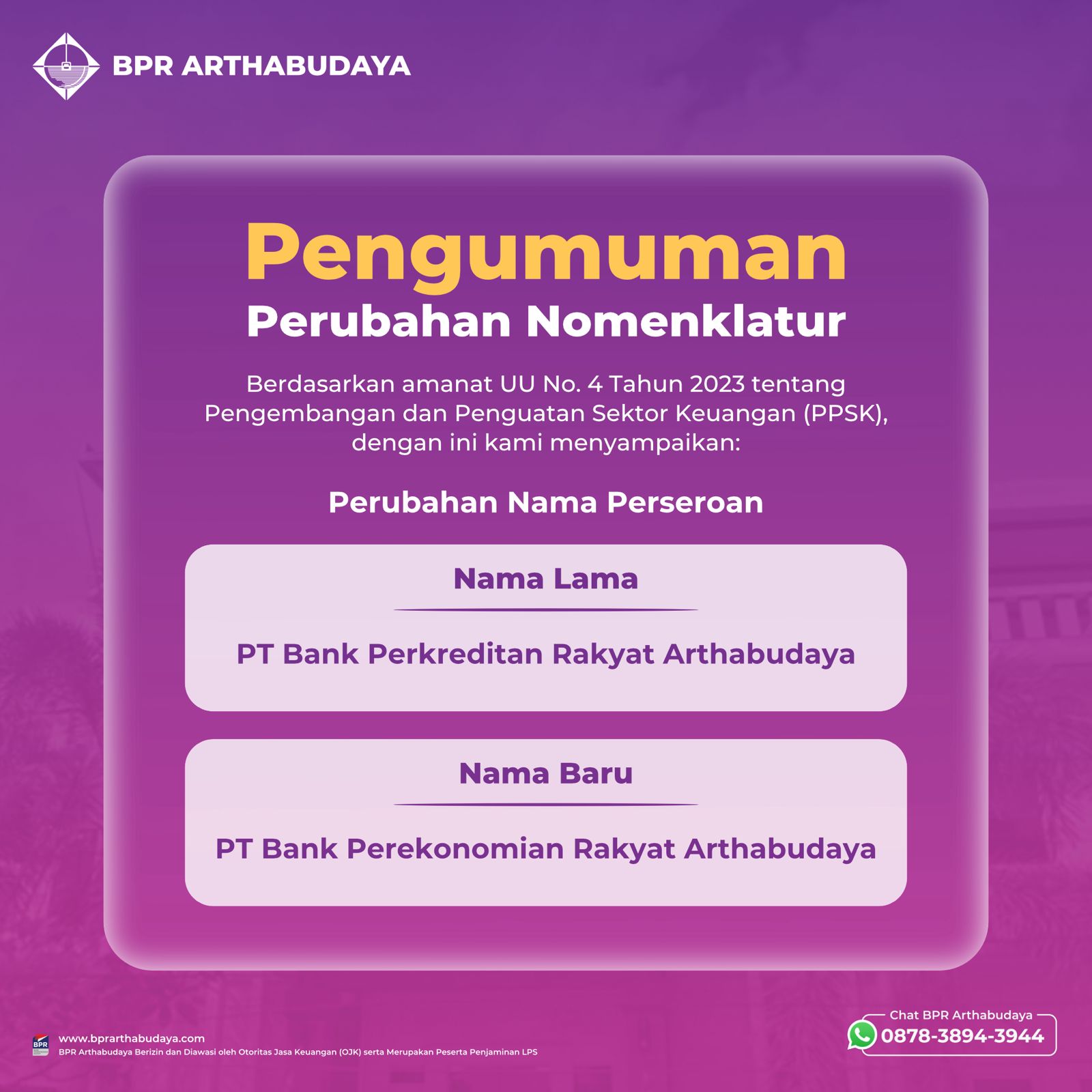 Pengumuman Perubahan Nomenklatur PT BPR Arthabudaya
